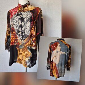 Citron Santa Monica Silk Art To Wear Graphic Mandarin Neck Top Button-Front